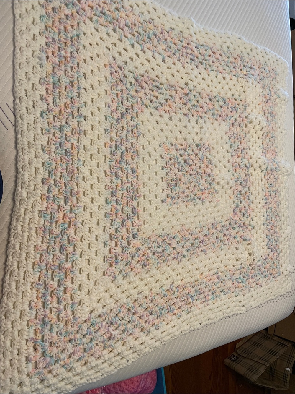 39”Handmade crochet Cream Baby Blanket with Pastel Multicolor Accents throw
